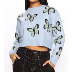 Debut - Blue Jacquard Butterfly Crew Neck Cropped Sweater - Medium